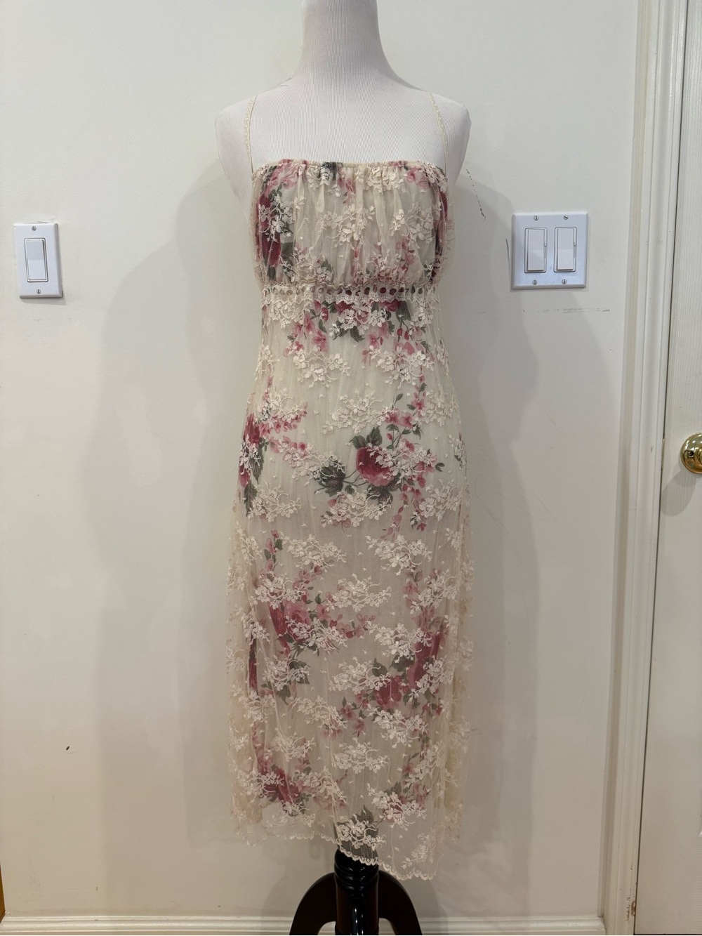Floral Lace Slip Dress in Ivory with Pink Accents